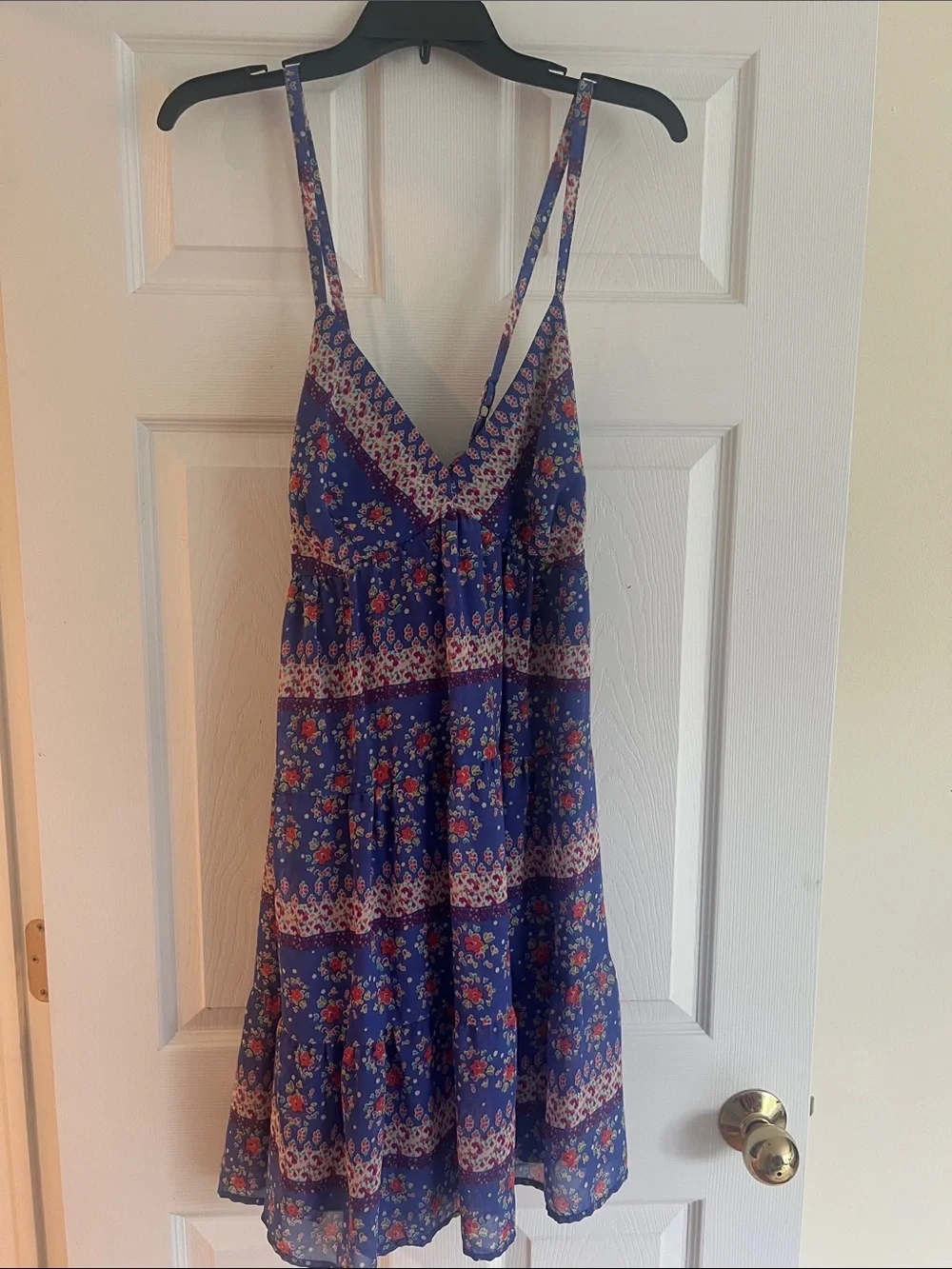 Mossimo Supply Co. Blue Floral V-Neck Tiered Mini Dress
